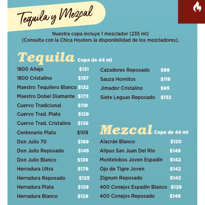 メキシコのフーターズのテキーラとメスカル