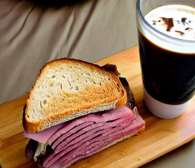 "sandwich. ham, lettuce, and roast beef. with Iced black coffee."